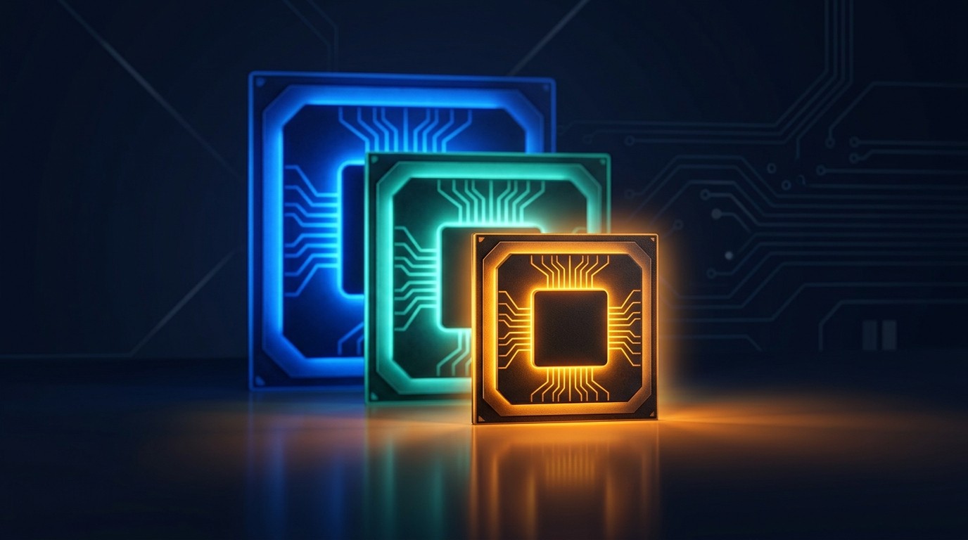 Three processor modules of decreasing size, with the smallest amber one highlighted, representing Haiku 5.5 as the compact model in the Claude 5.5 family