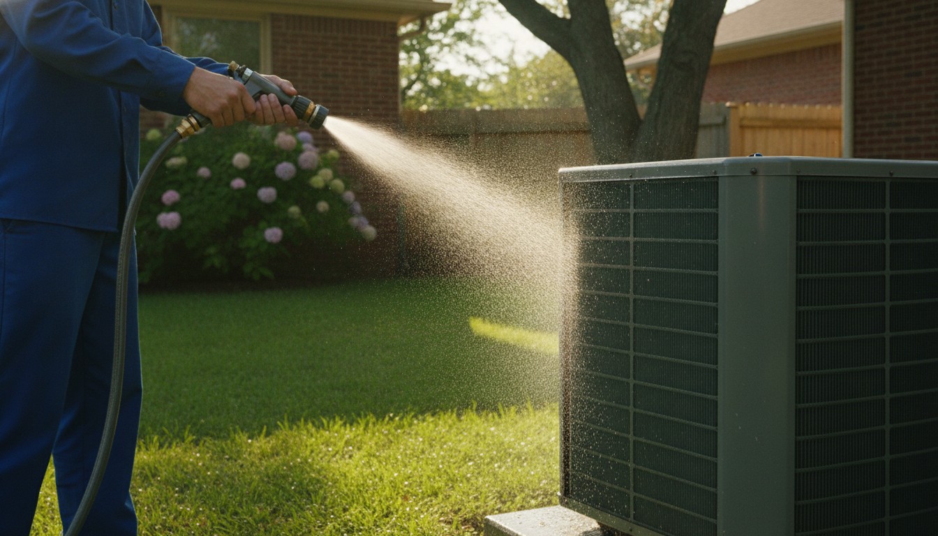 Technician rinsing outdoor air conditioner condenser coil fins with a garden hose