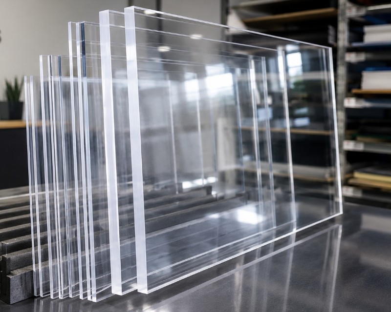 A close-up, angled view of several large, clear plastic sheets stacked against each other on a dark surface.