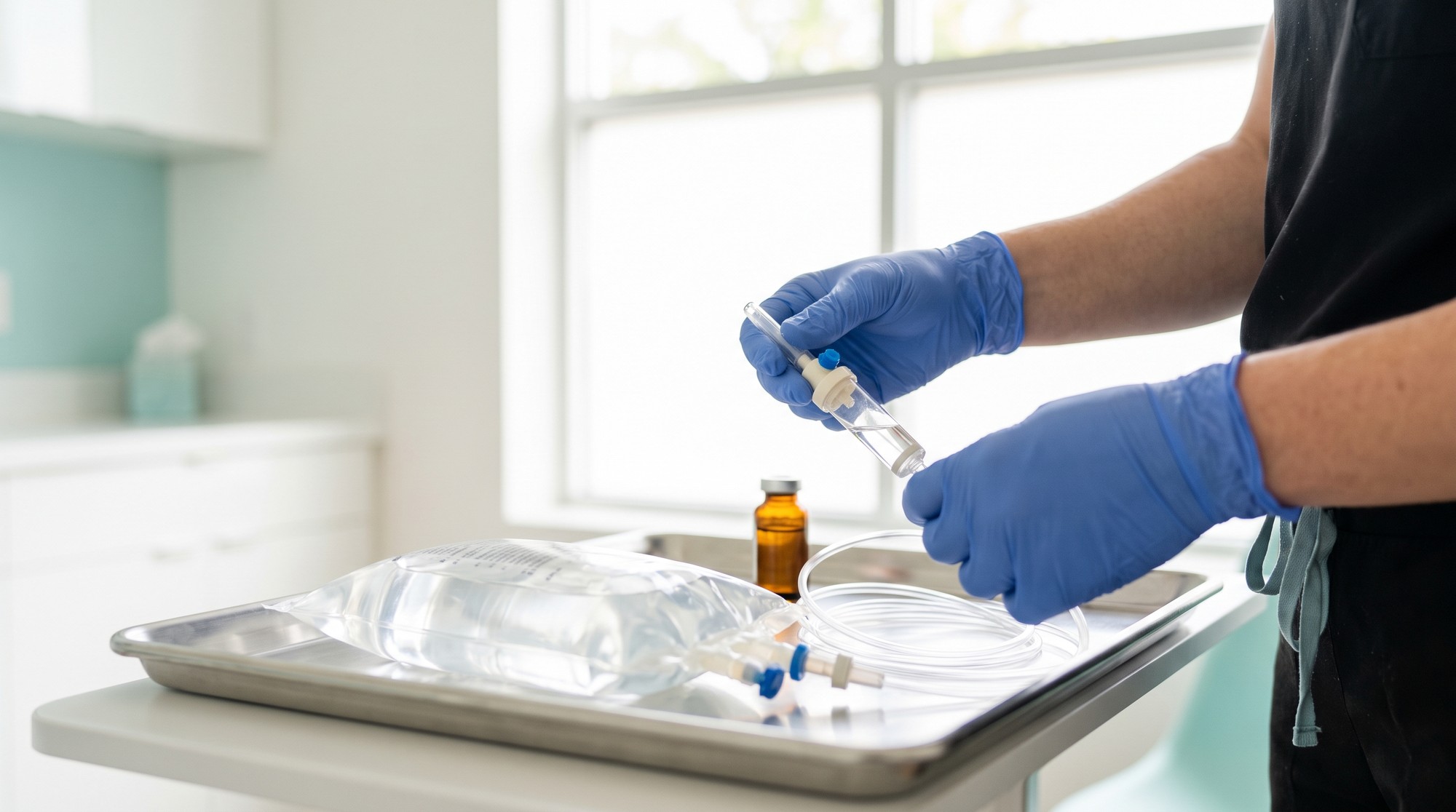 Clinician preparing an intravenous vitamin infusion bag in a bright clinic