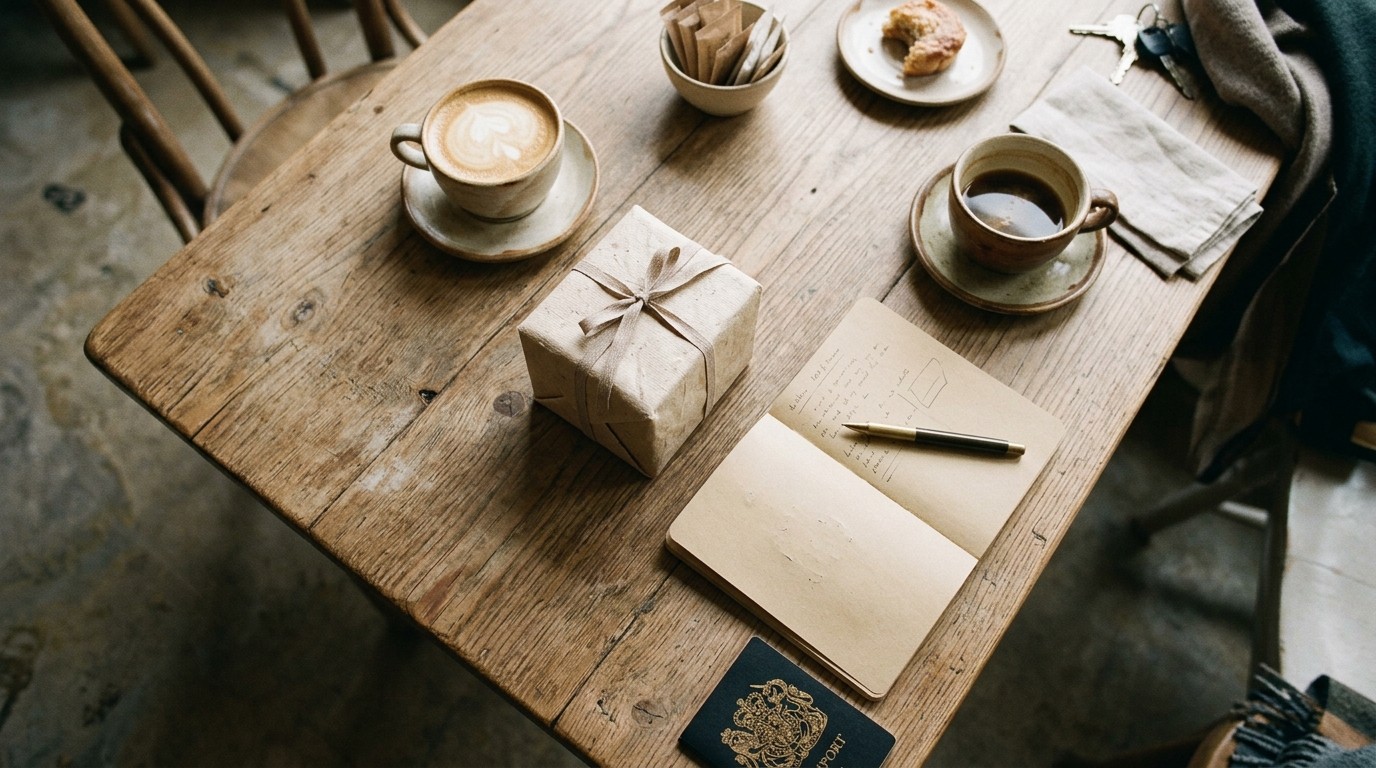 Two cups of coffee, a small wrapped gift box, a notebook and a passport on a wooden café table