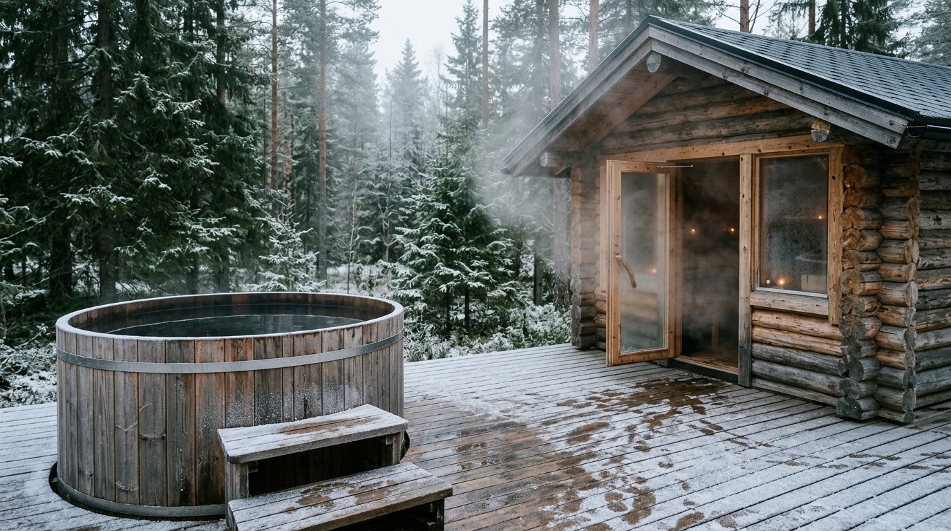 Wooden cold plunge barrel beside a sauna at a Nordic wellness retreat