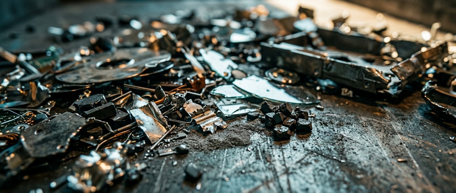 Shredded hard drive components with shattered platters, steel fragments and dark magnet powder clinging into magnetic clusters