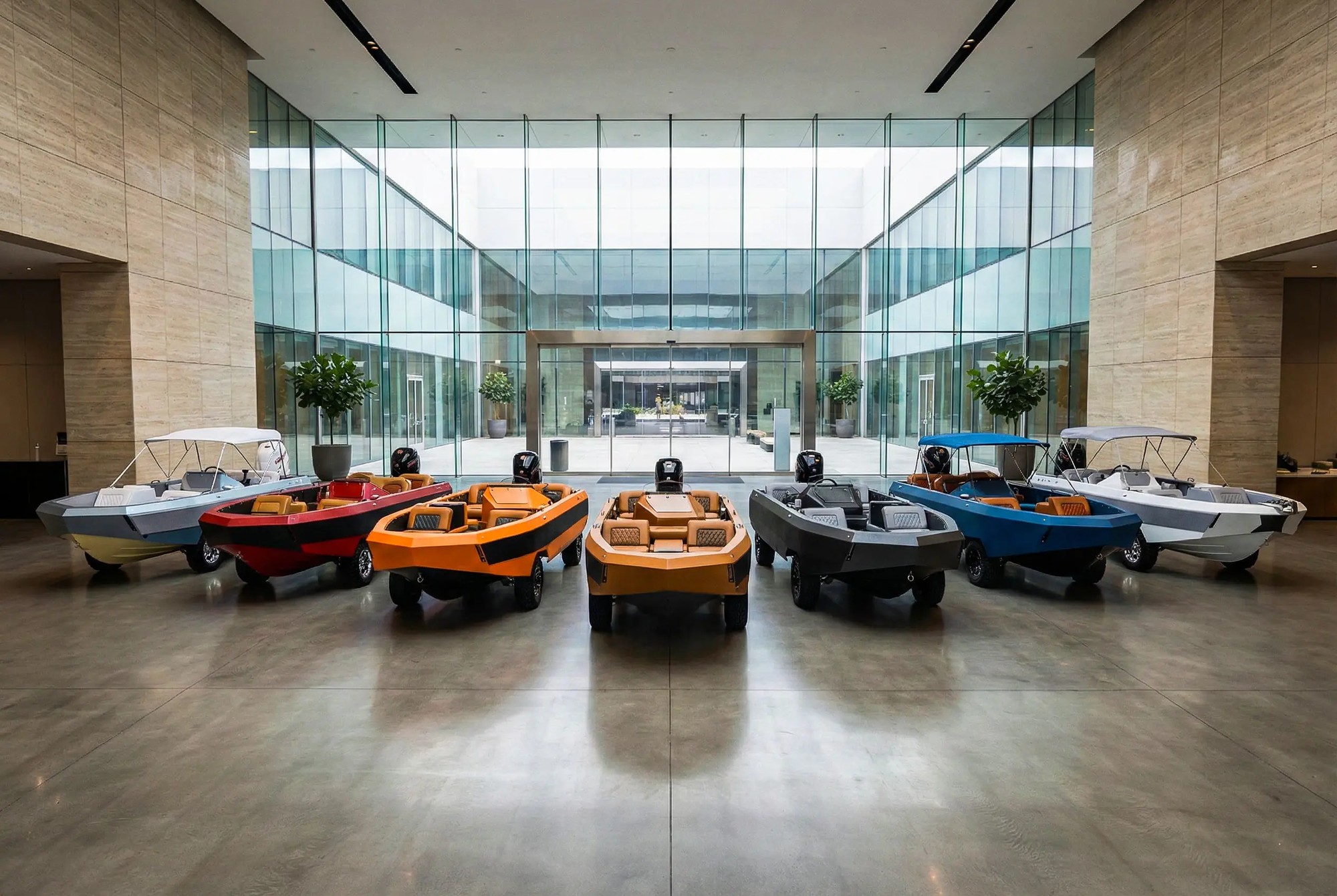 A row of colorful WaterCar amphibious vehicles, which work as both cars and boats, displayed in a bright modern showroom with glass walls and stone flooring.