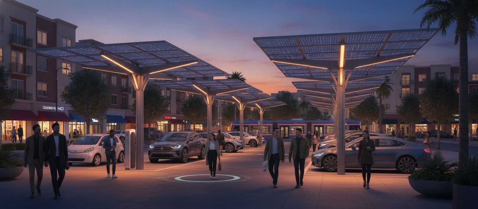 A community electric vehicle charging hub under a solar-panel canopy in a diverse neighborhood at dusk