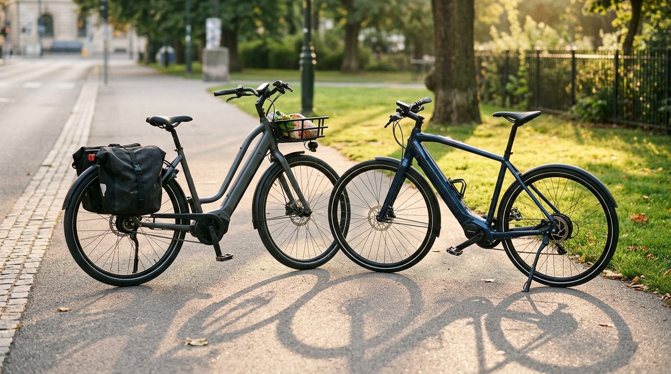 A commuter e-bike with panniers parked beside a sportier high-step electric bike on a park path