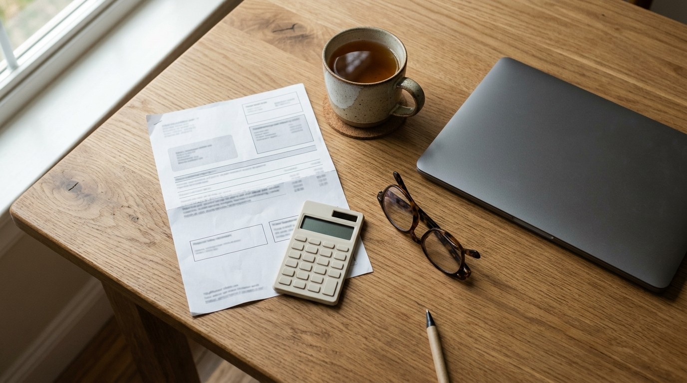 Household electricity bill, calculator, and laptop on a desk for comparing energy plans
