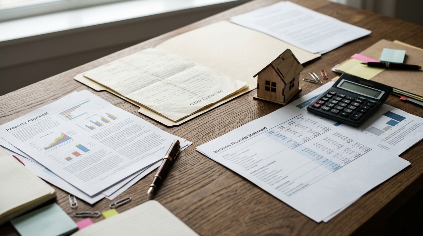 Desk with a property appraisal, deed folder, small house model, financial statement, and calculator