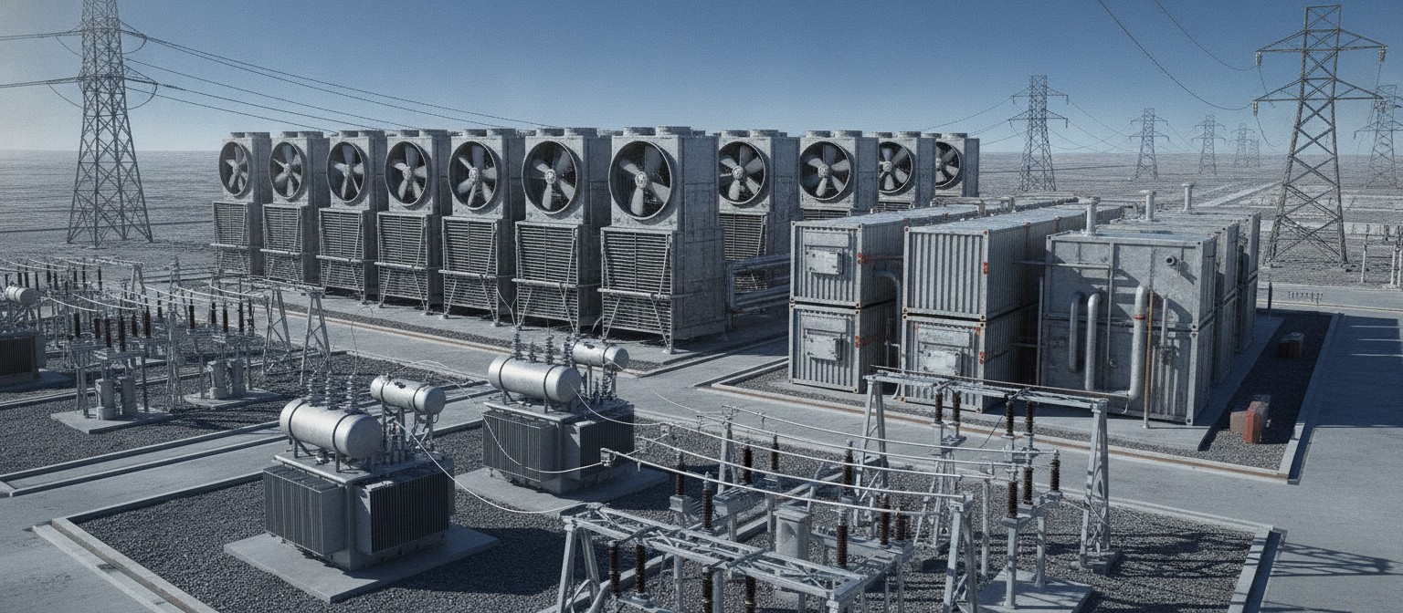 Conceptual illustration of dry cooler heat rejection units and an electrical substation beside container data centers