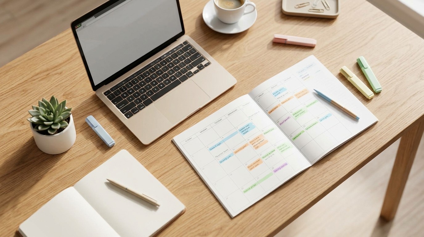 How to Build a Practical Content Strategy: From Audit to Assets That Move the Pipeline Overhead view of an organized marketing workspace with a laptop, printed editorial calendar, notebook, coffee, and a small plant