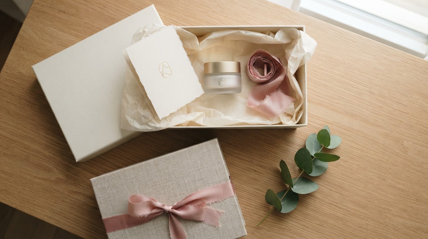 Open branded gift box with tissue paper, thank-you card, and ribbon arranged for unboxing