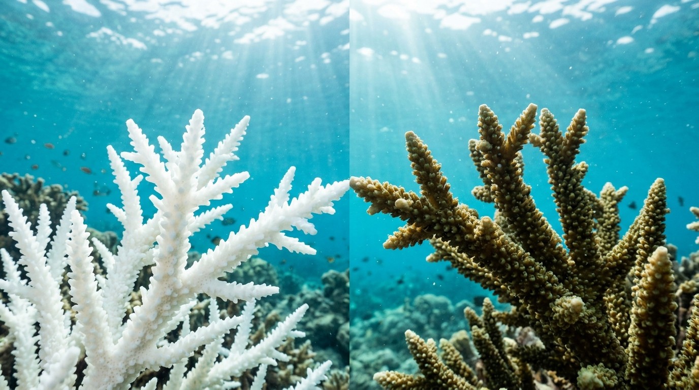 Scientists Accidentally Discover How to Reverse Coral Bleaching A bleached white coral branch touching a healthy brown-green coral branch underwater