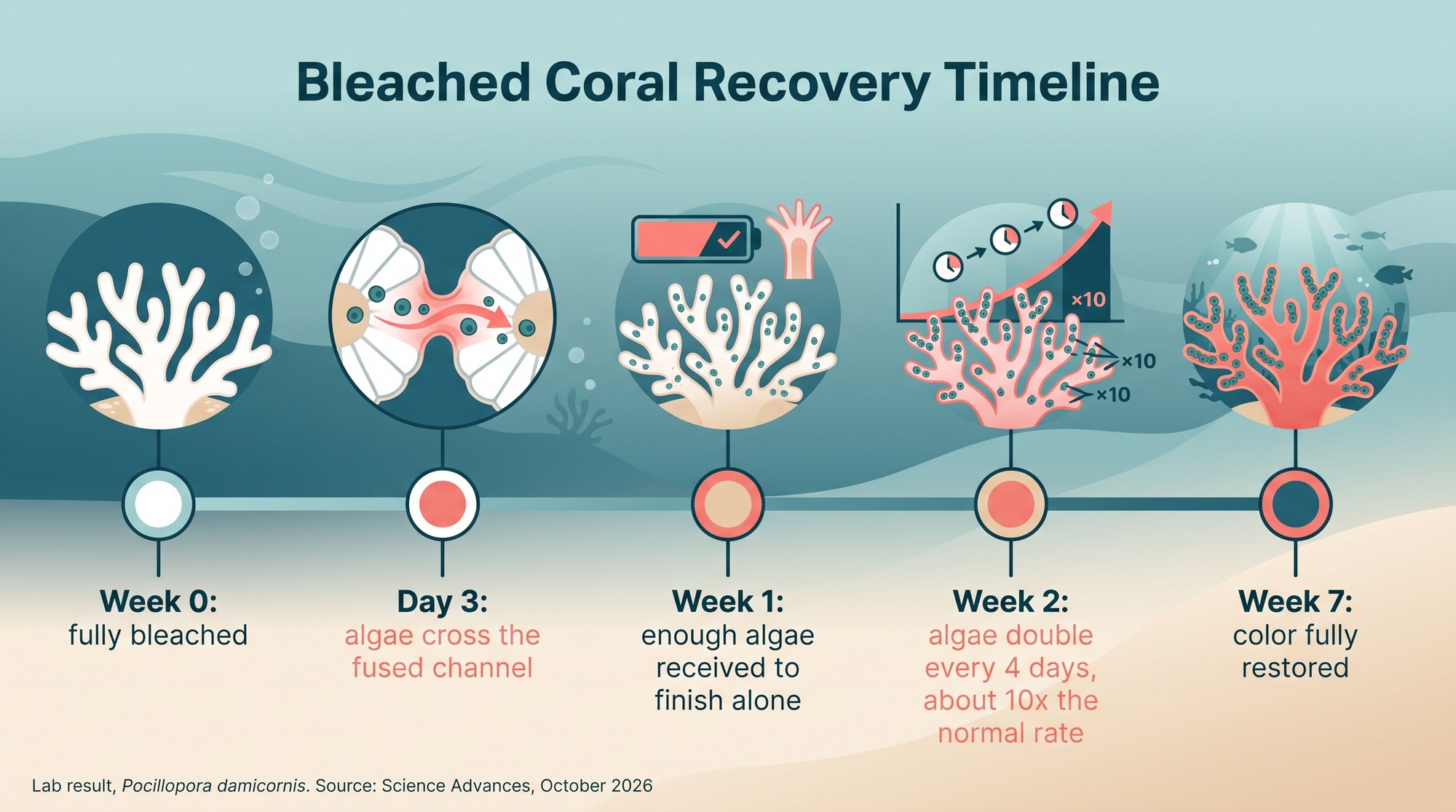 Infographic timeline of bleached coral recovery from full bleaching at week 0 to full color at week 7
