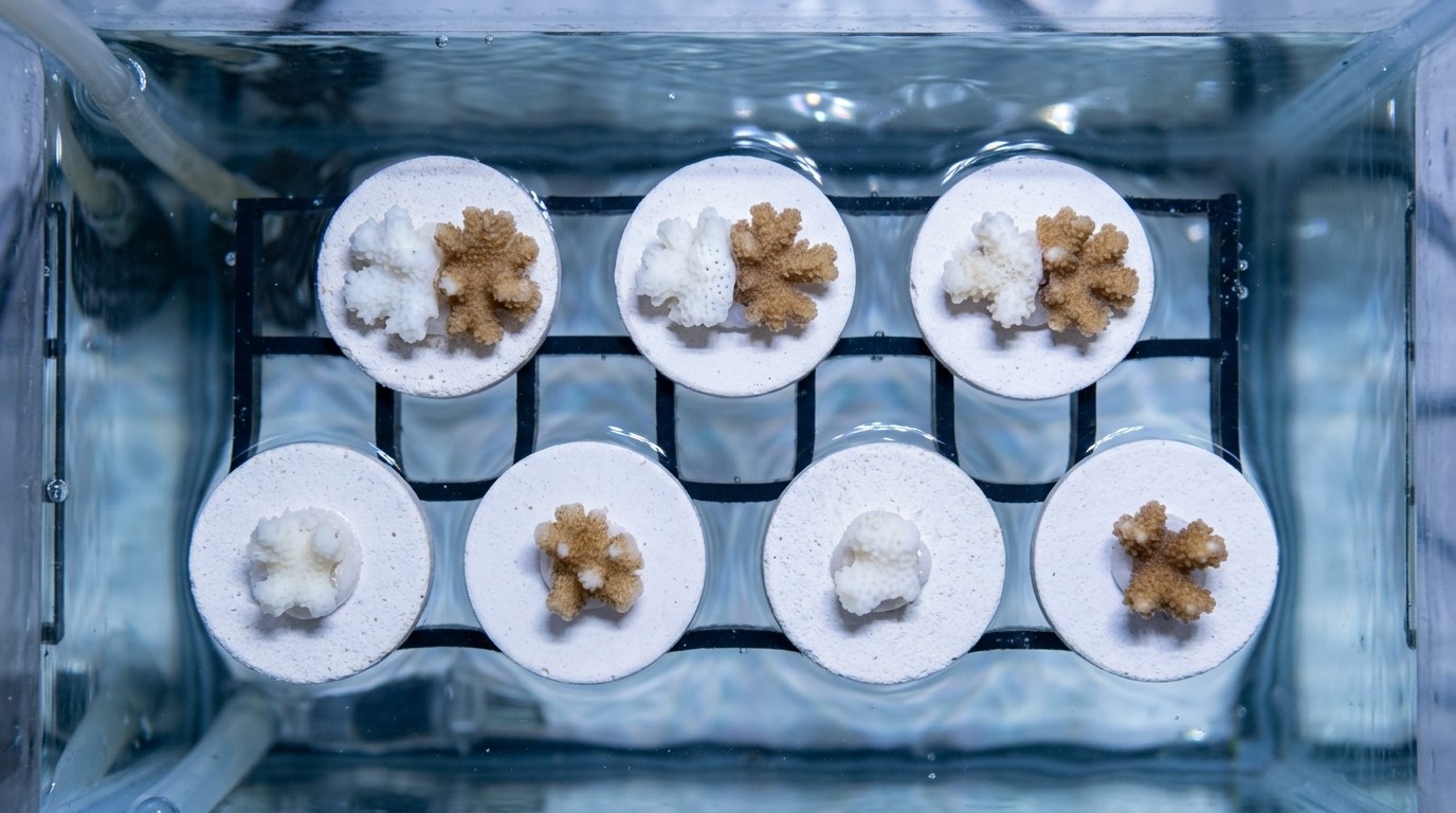 Bleached and healthy coral fragments mounted on white ceramic plugs in a laboratory seawater tank