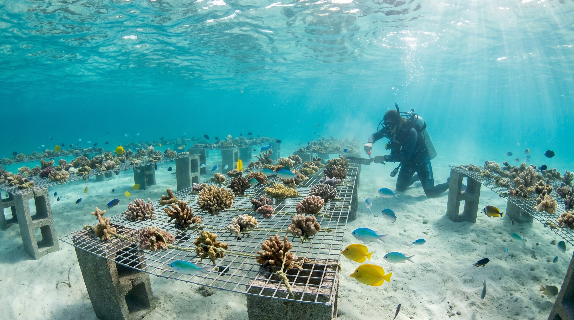 A diver tending a coral nursery of small fragments on frames in a shallow tropical lagoon