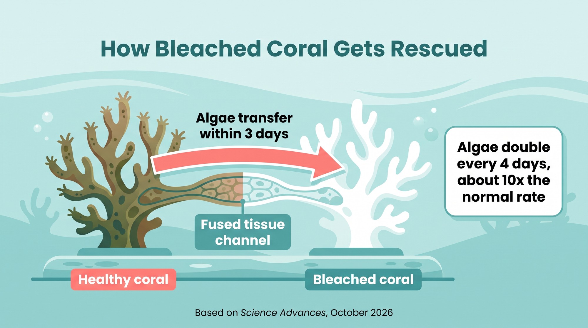 Diagram showing a healthy coral and a bleached coral joined by a fused tissue channel that transfers algae within three days