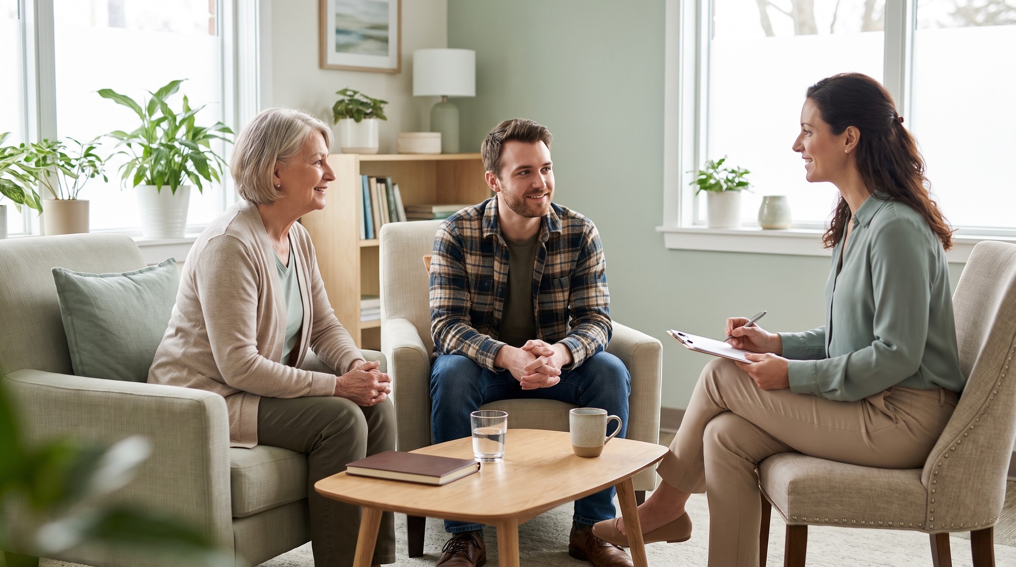 A counselor talking with two people during a small group support session in a bright clinic room.