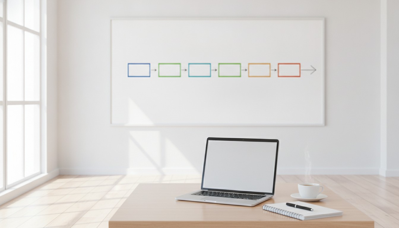 Whiteboard showing a course rollout roadmap with a laptop on the desk