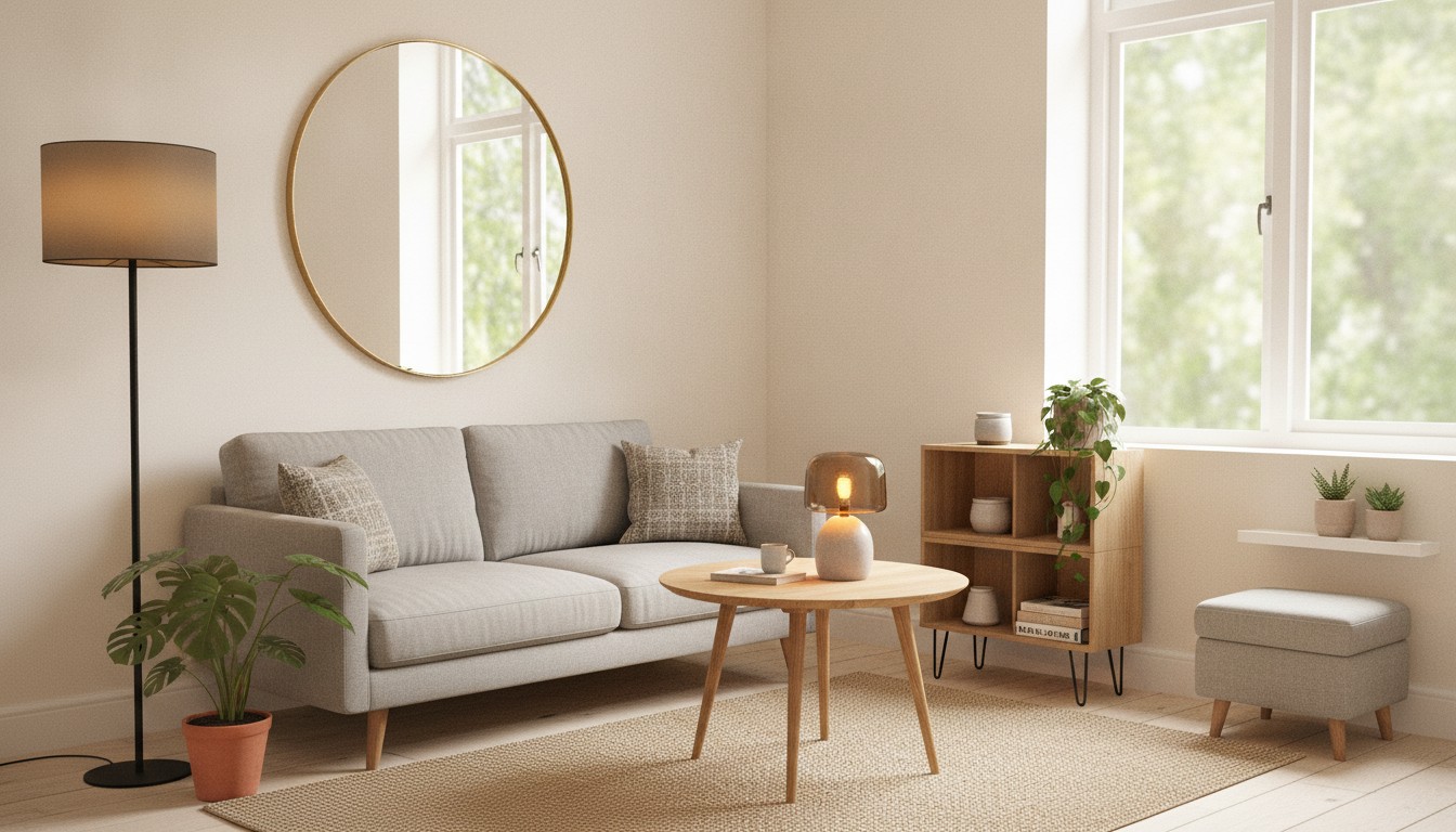 Cozy small living room with light walls, large mirror, layered lamps and indoor plants
