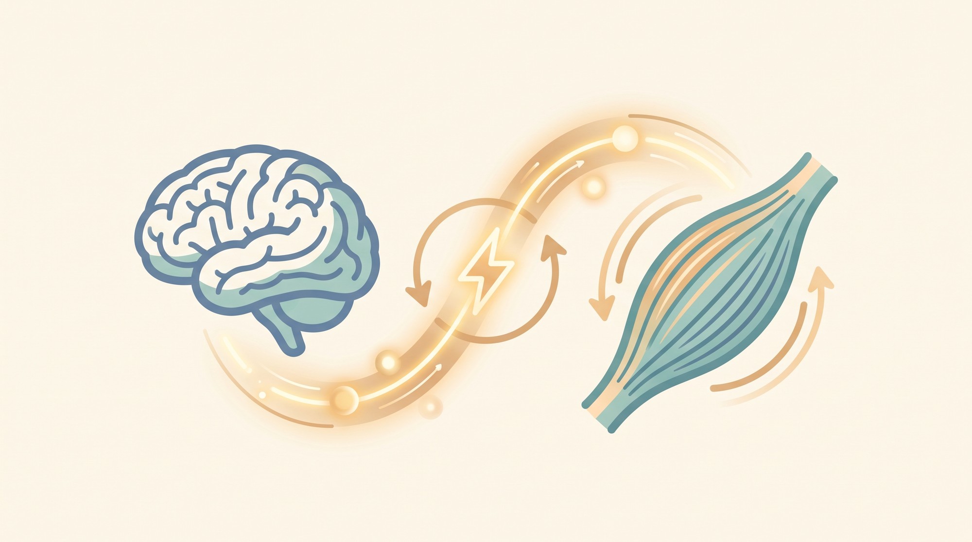 Illustration of a brain and a muscle connected by a shared ATP energy recycling pathway