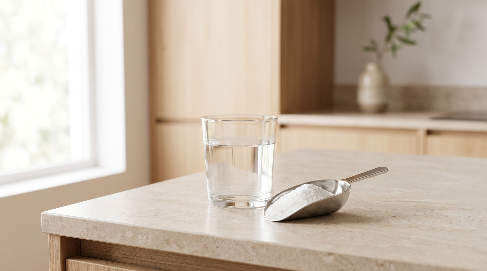 A scoop of white creatine monohydrate powder beside a glass of water on a bright kitchen counter