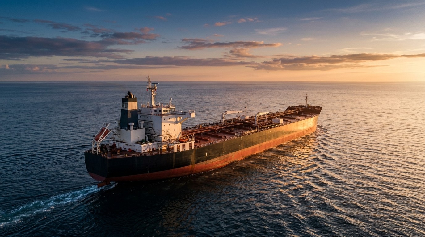 Large crude oil tanker sailing across the ocean at sunset