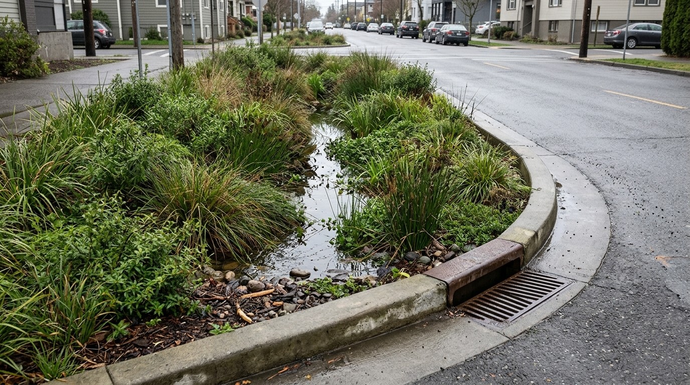 A curbside rain garden holds stormwater in a sunken planted bed while the adjacent roadway stays dry.