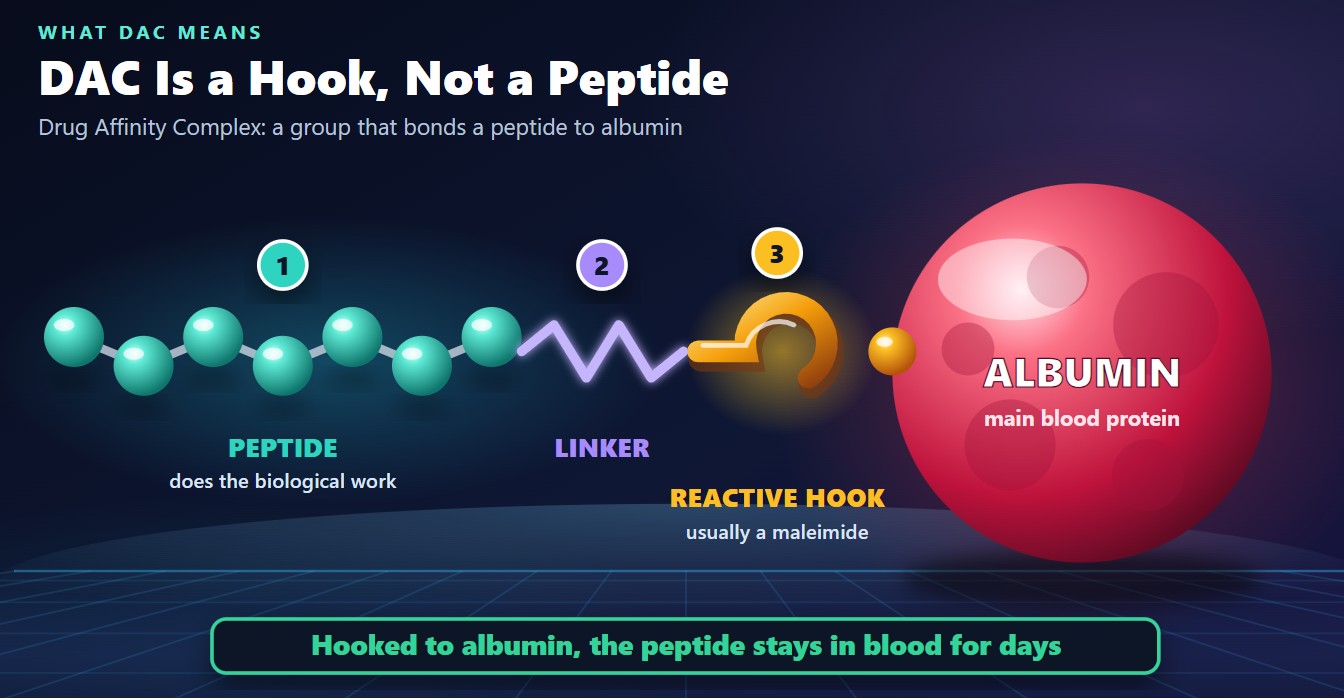 Diagram illustrating a Drug Affinity Complex composed of a peptide, a linker, a reactive hook, and albumin.