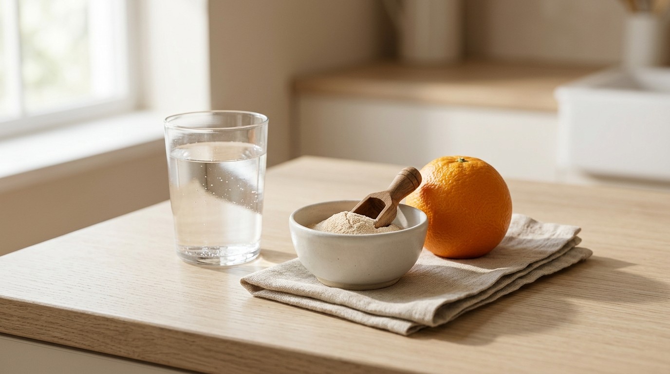 A morning wellness routine arranged on a kitchen counter with a glass of water, unlabeled supplement powder, and an orange