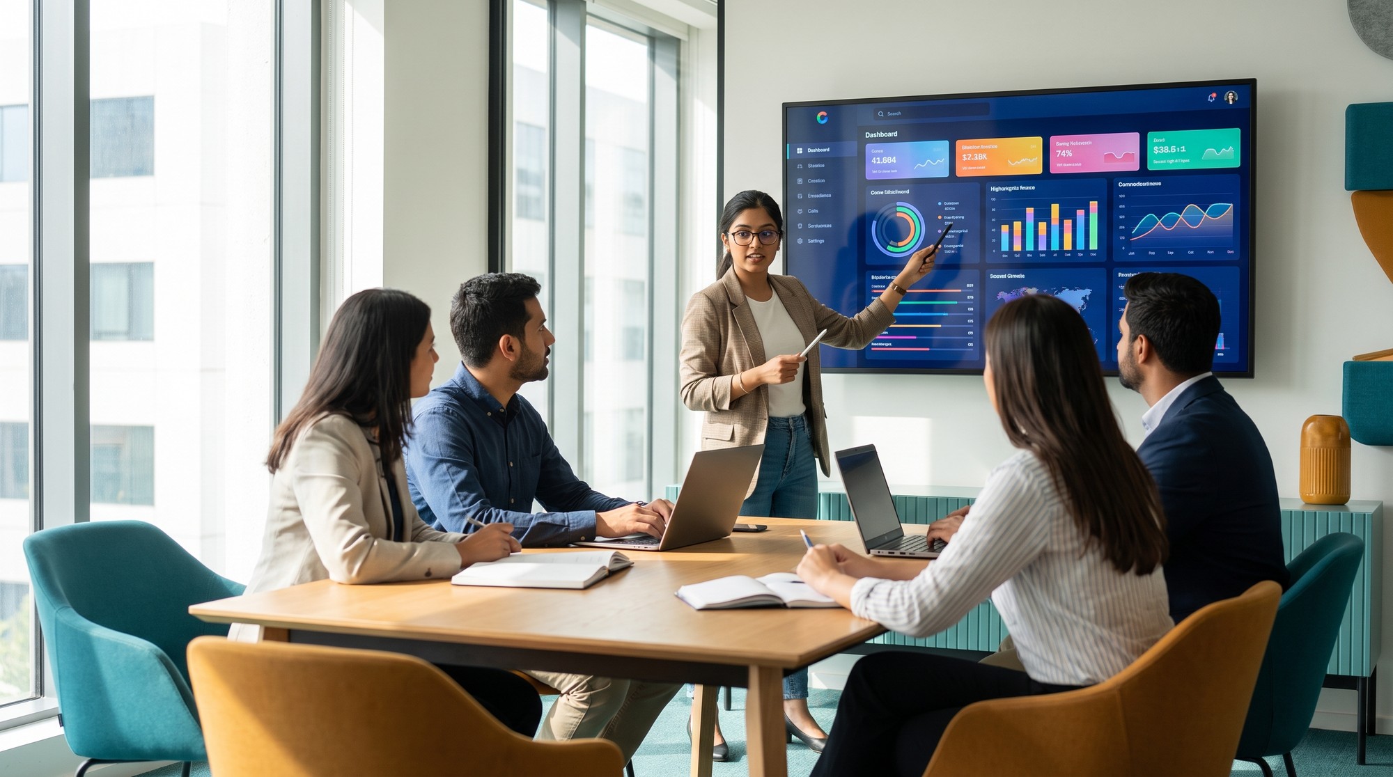 Data analyst presenting dashboard insights to a team in a meeting room