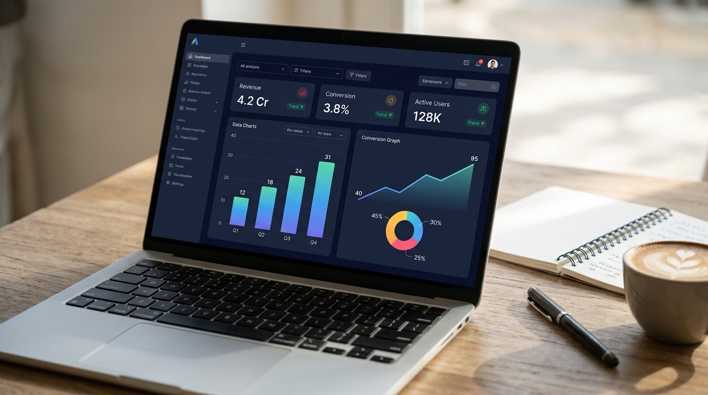 Laptop screen showing a data analytics dashboard with bar and line charts and KPI tiles