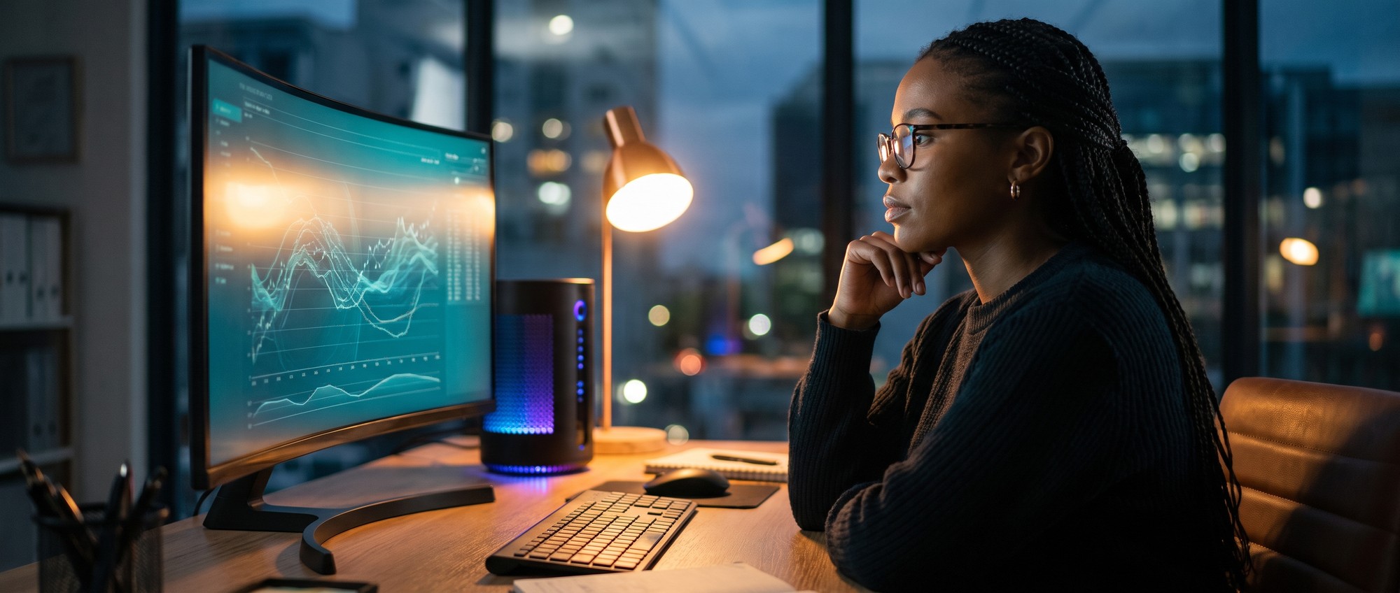 Developer working beside a glowing deskside AI supercomputer on an evening office desk