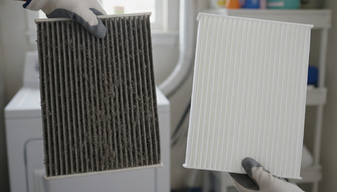 Dirty pleated HVAC air filter beside a clean replacement filter showing trapped dust