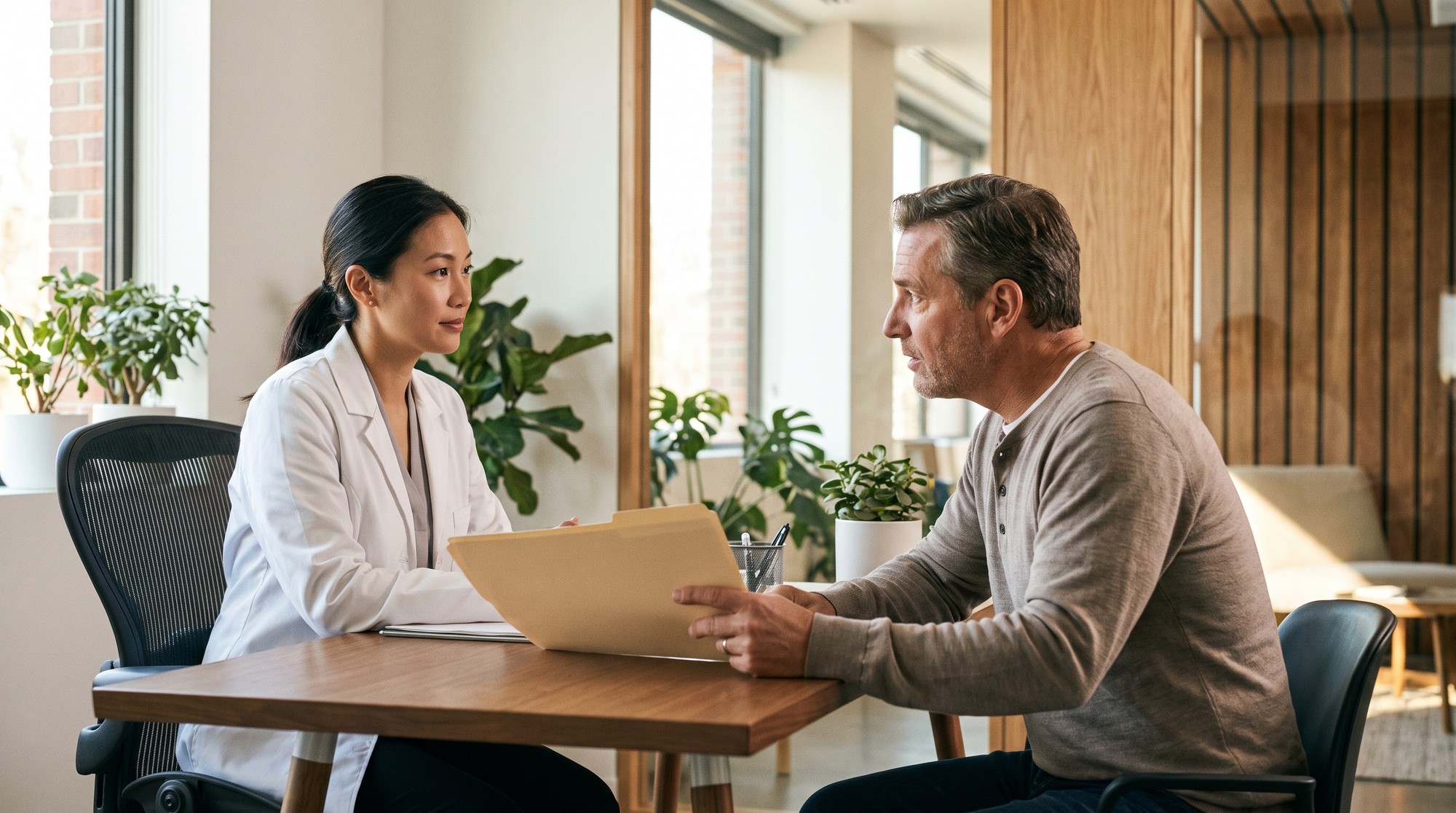 Doctor discussing test results with a seated middle-aged male patient in a consultation room