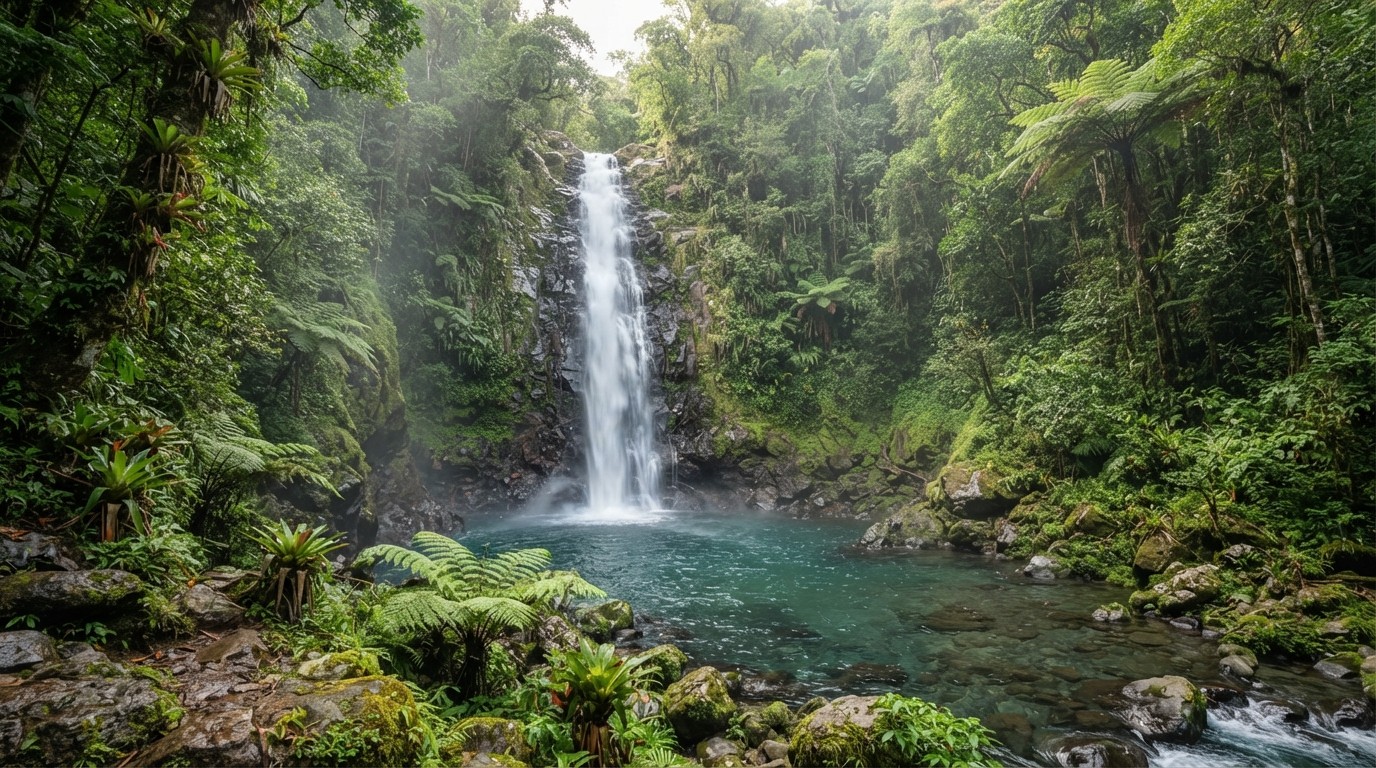 Waterfall cascading into a natural pool in Dominica's lush tropical rainforest