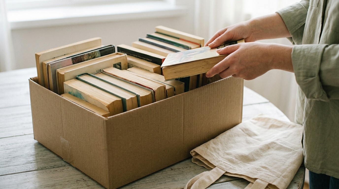 Hands placing a used book into a cardboard box of books ready for donation