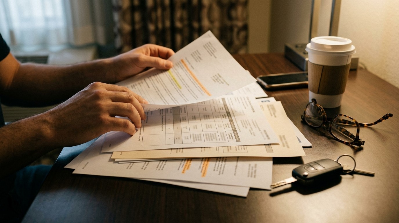 A driver's hands reviewing auto insurance paperwork at a hotel room desk, with a car key and reading glasses beside the documents