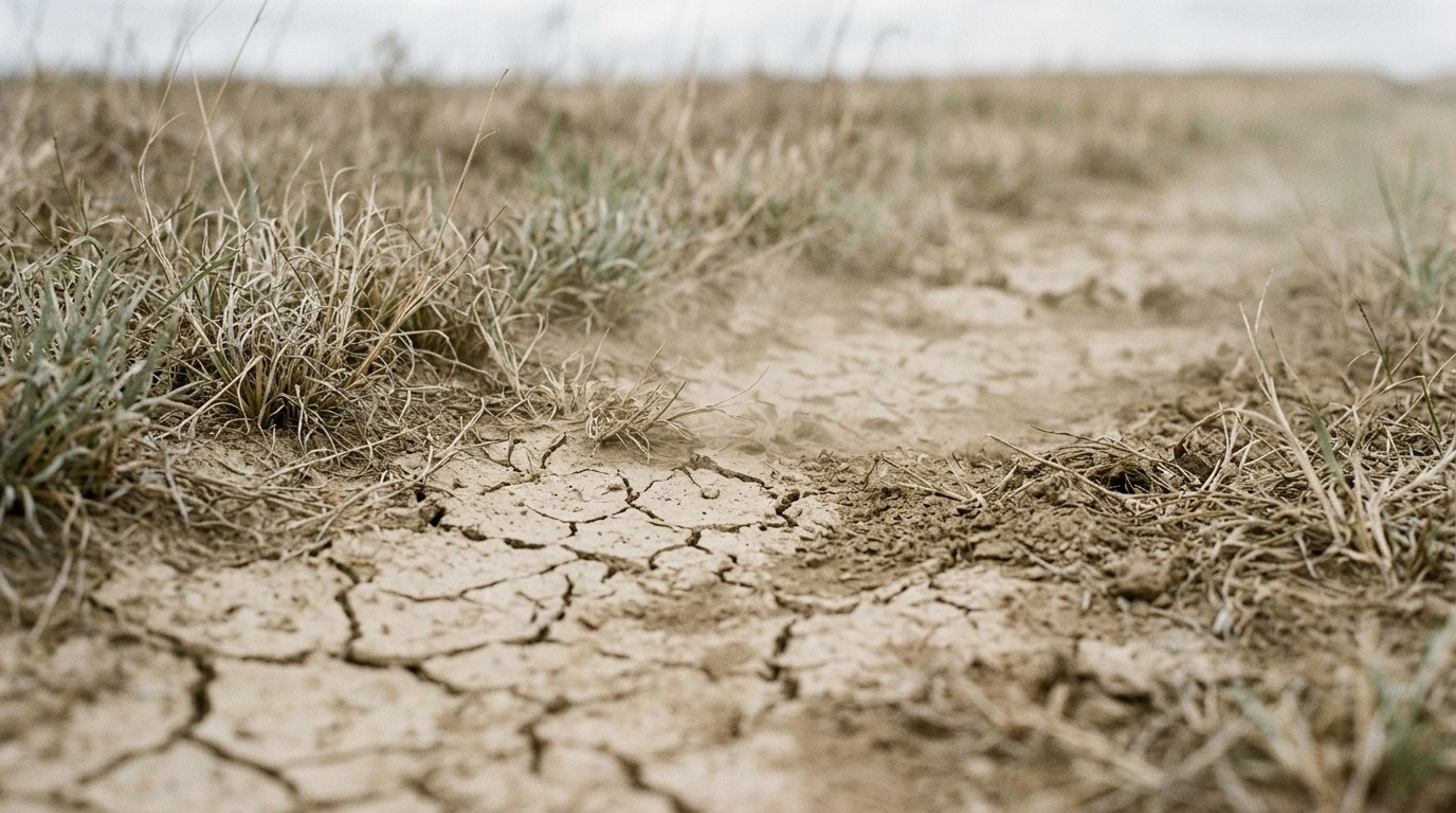 Dry cracked soil with sparse drought-stressed grass and wind-blown dust at the edge of a field