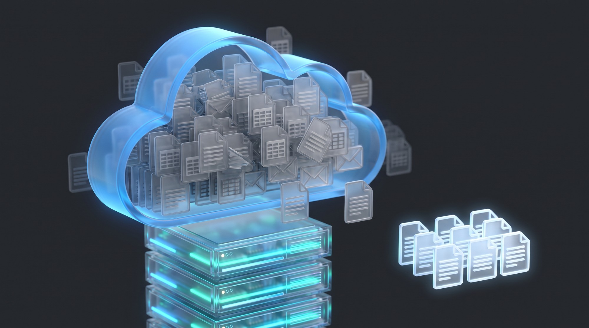 Conceptual render of duplicated digital files piling up inside a glowing cloud above server blades, illustrating excessive enterprise cloud storage.