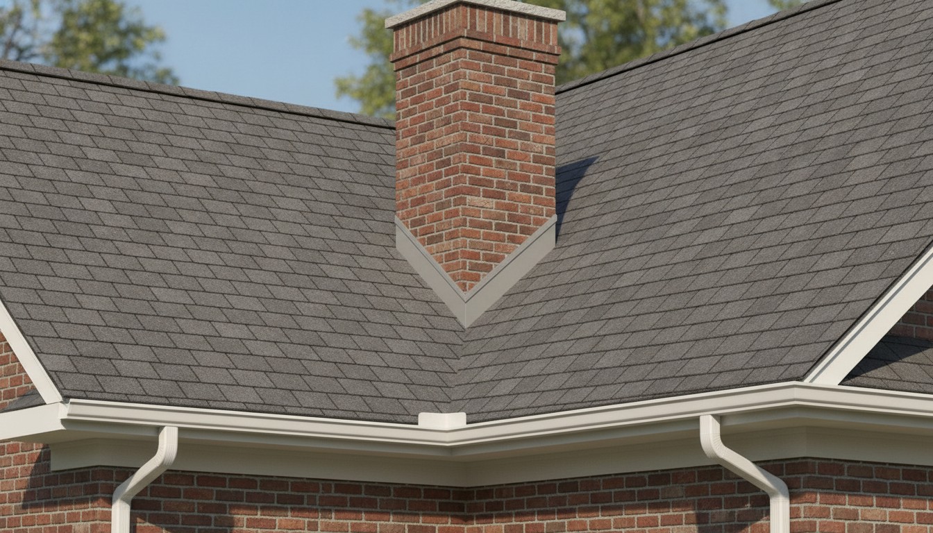Residential roof with architectural shingles showing flashing and ventilation details