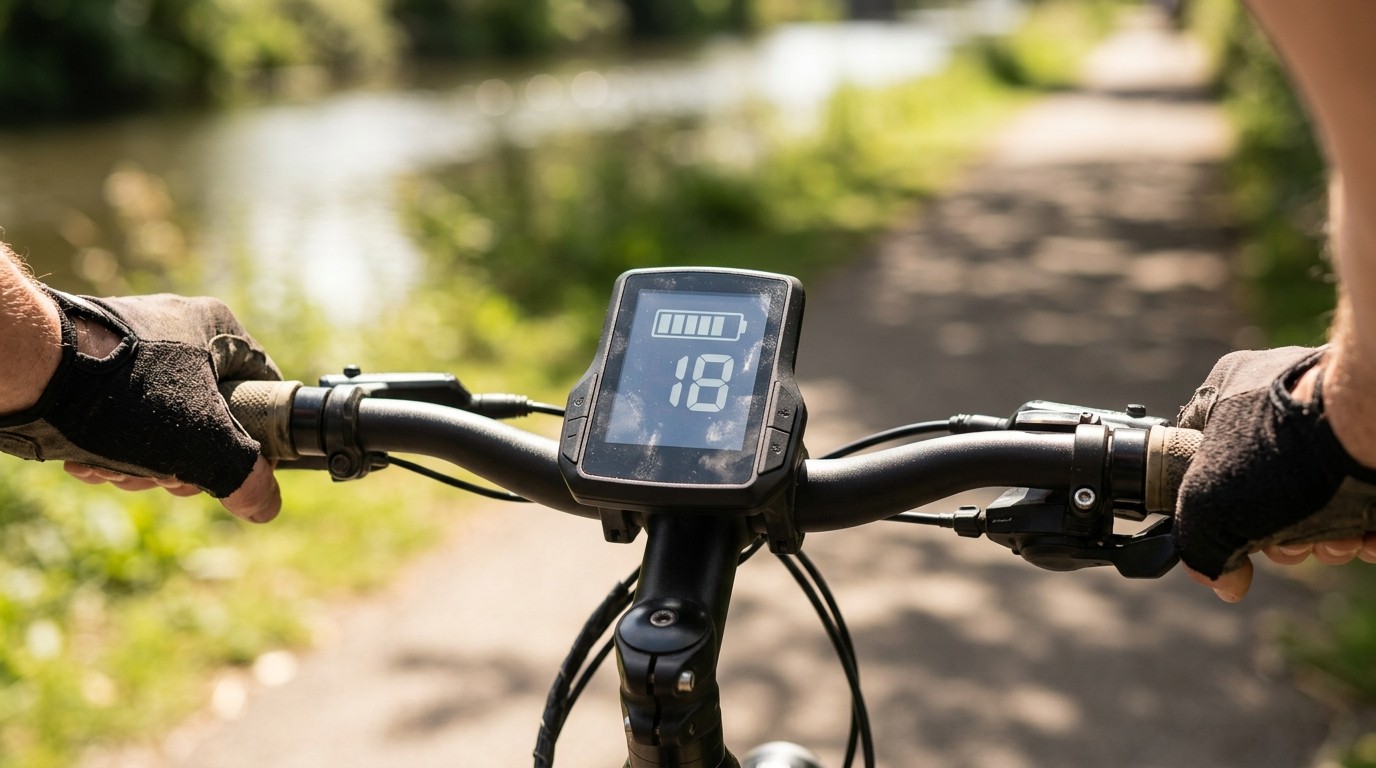 Close-up of an e-bike handlebar display showing battery level while riding on a canal-side path