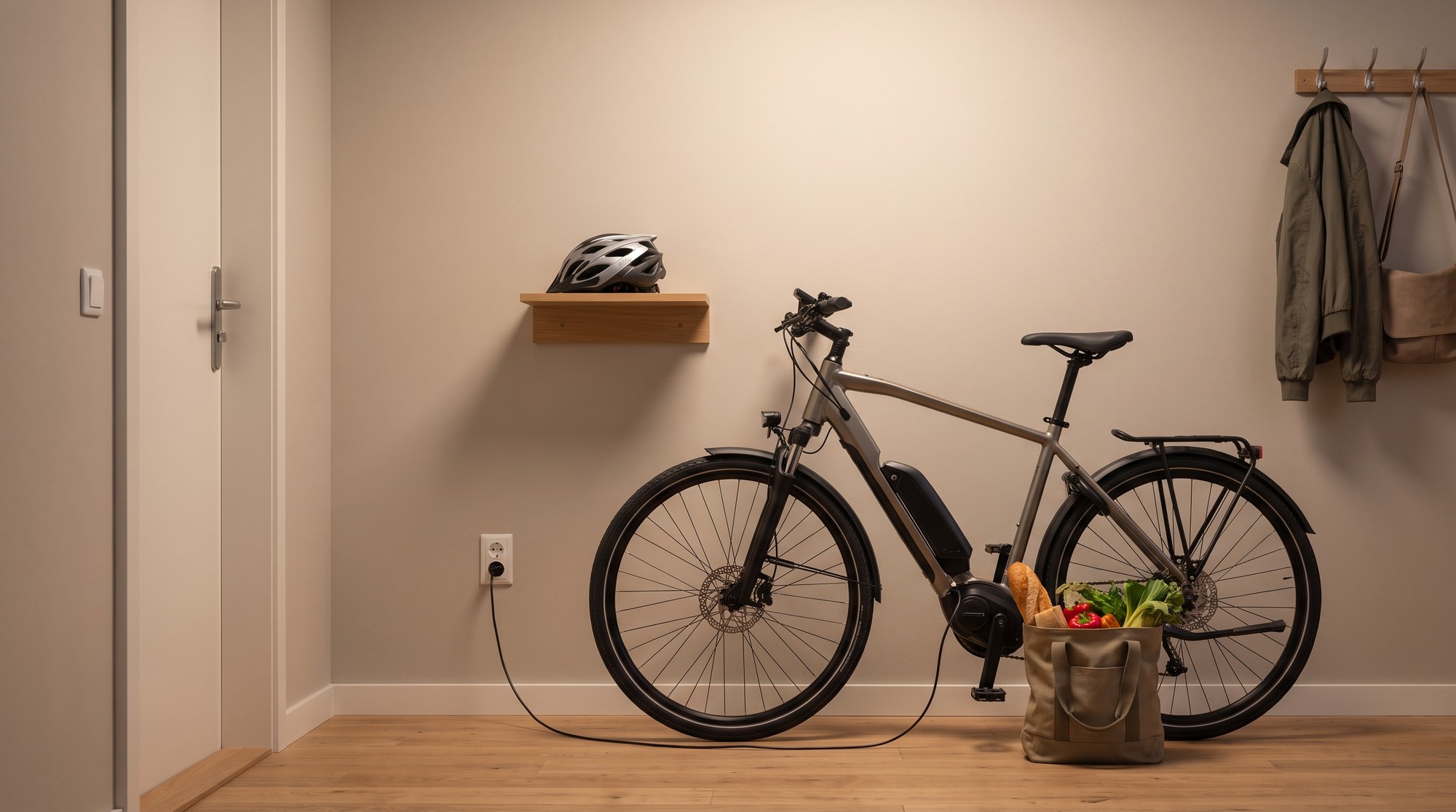 An electric bike charging indoors in an apartment entryway beside a shelf with a helmet and a pannier bag of groceries.