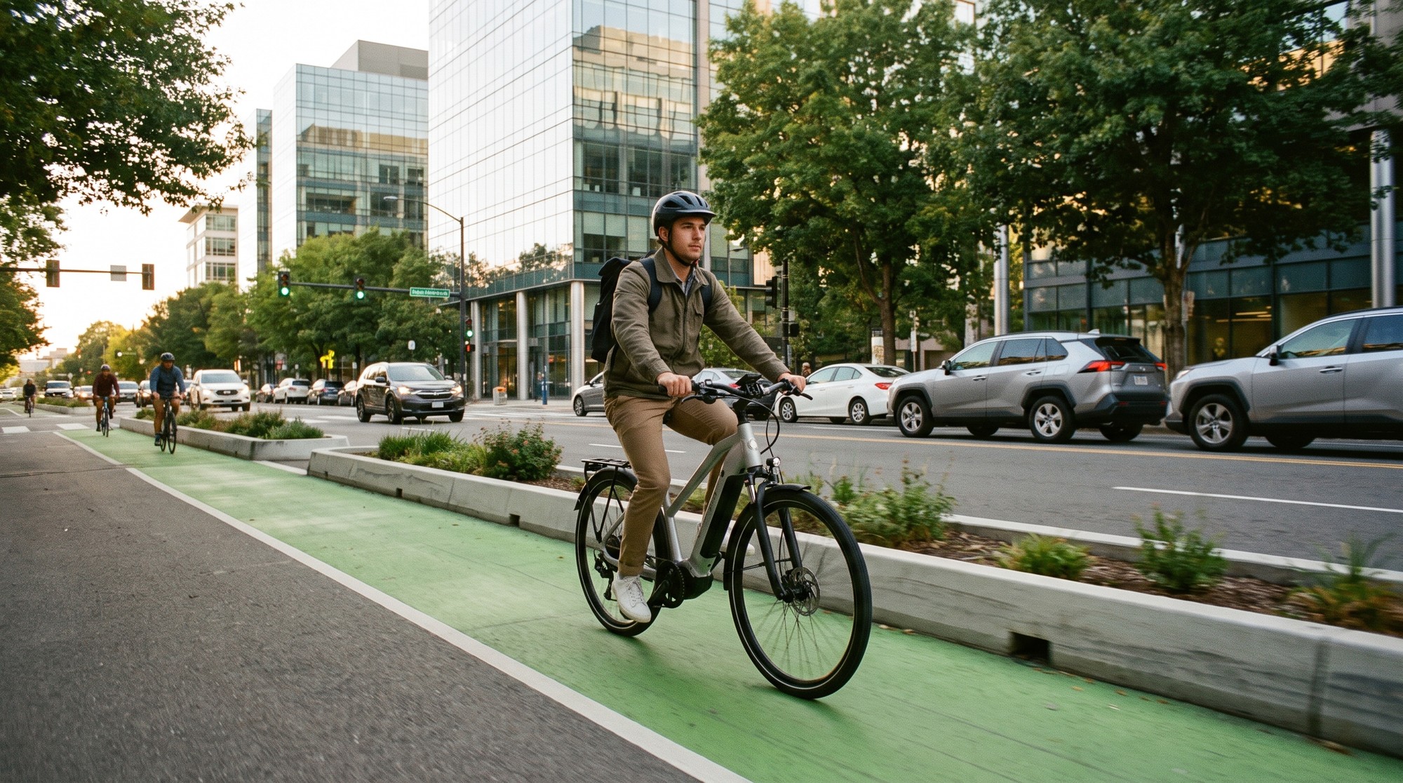 A commuter rides an electric bike along a protected city bike lane separated from car traffic during the morning commute.