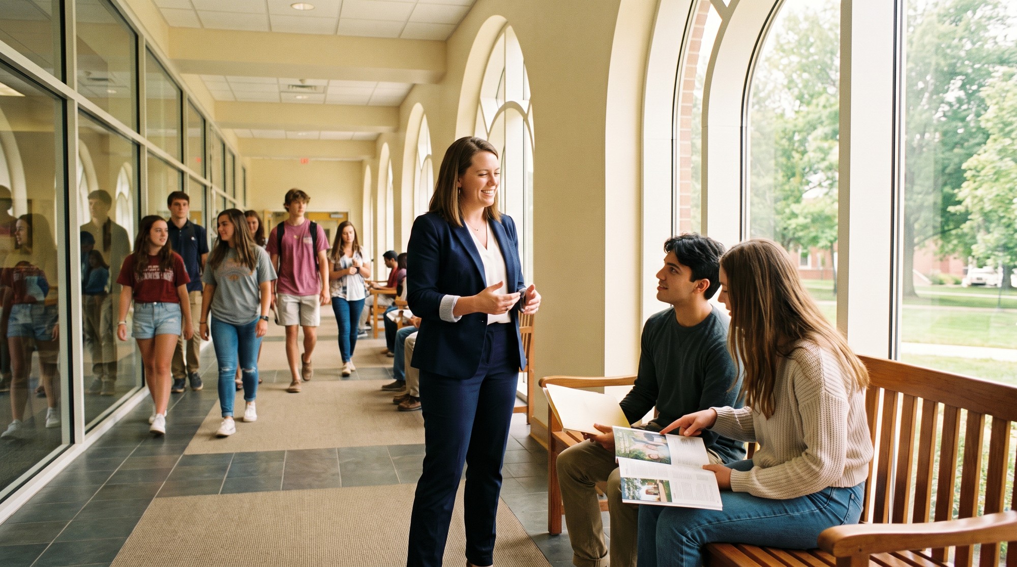 7 Common Education SEO Mistakes That Cost Schools Student Enrollments (And How to Fix Them) An admissions counselor talking with prospective students in a bright modern university admissions hall