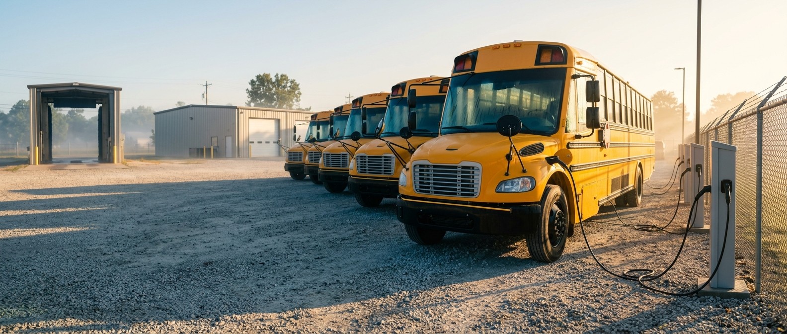 Electric school buses plugged into bidirectional charging pedestals in a district transport yard at sunrise