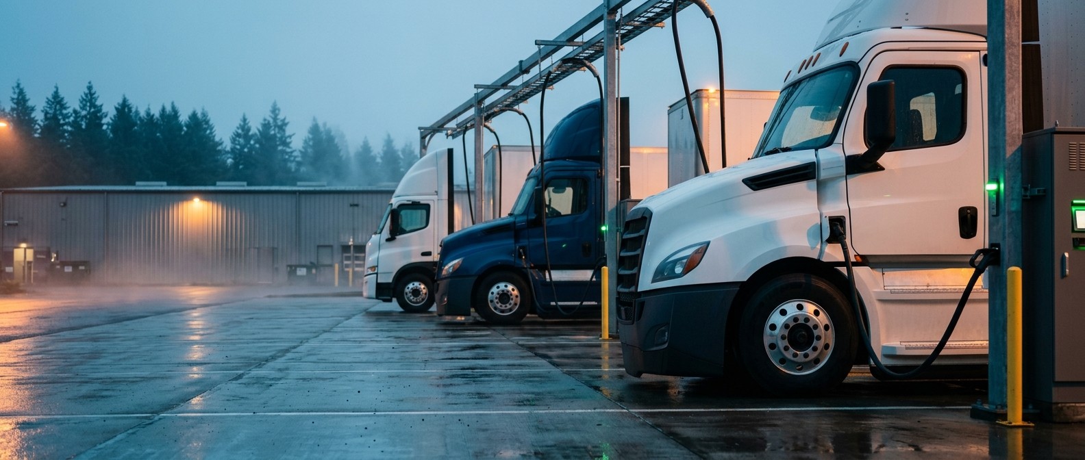 Electric Trucks Are Grid Assets. Bidirectional Charging Is the Catch Three heavy-duty electric semi trucks plugged into depot chargers beneath overhead cable gantries at dusk
