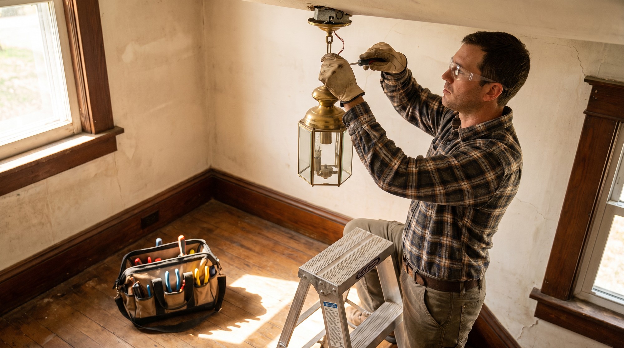 Electrician installing a lantern light fixture on the ceiling of an older home