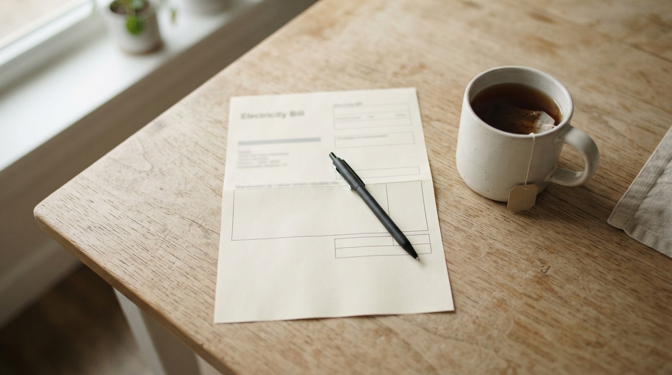 Household electricity bill and pen on a kitchen table ready for review