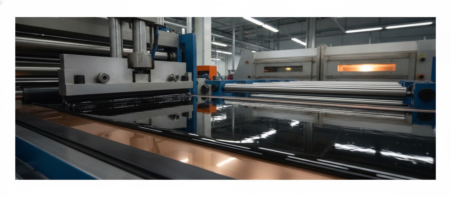 Black electrode slurry being spread in a thin uniform layer onto metal foil on a battery coating line