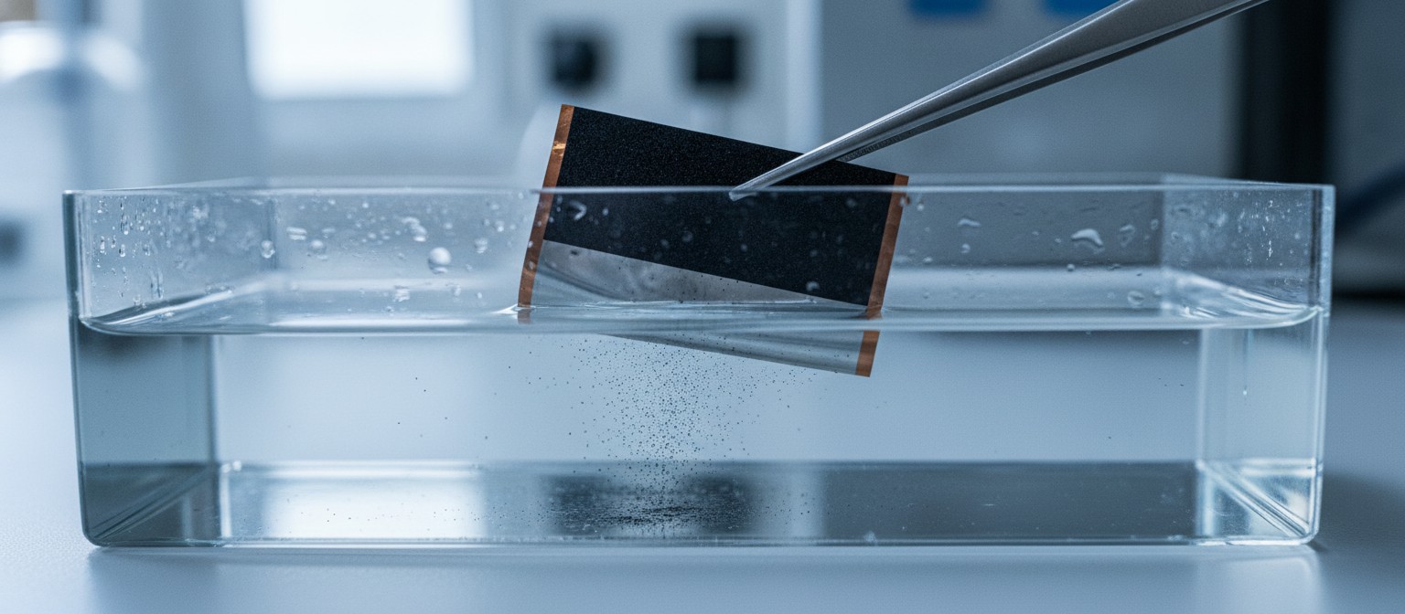 Electrode coating separating from metal foil after being soaked in a tray of water